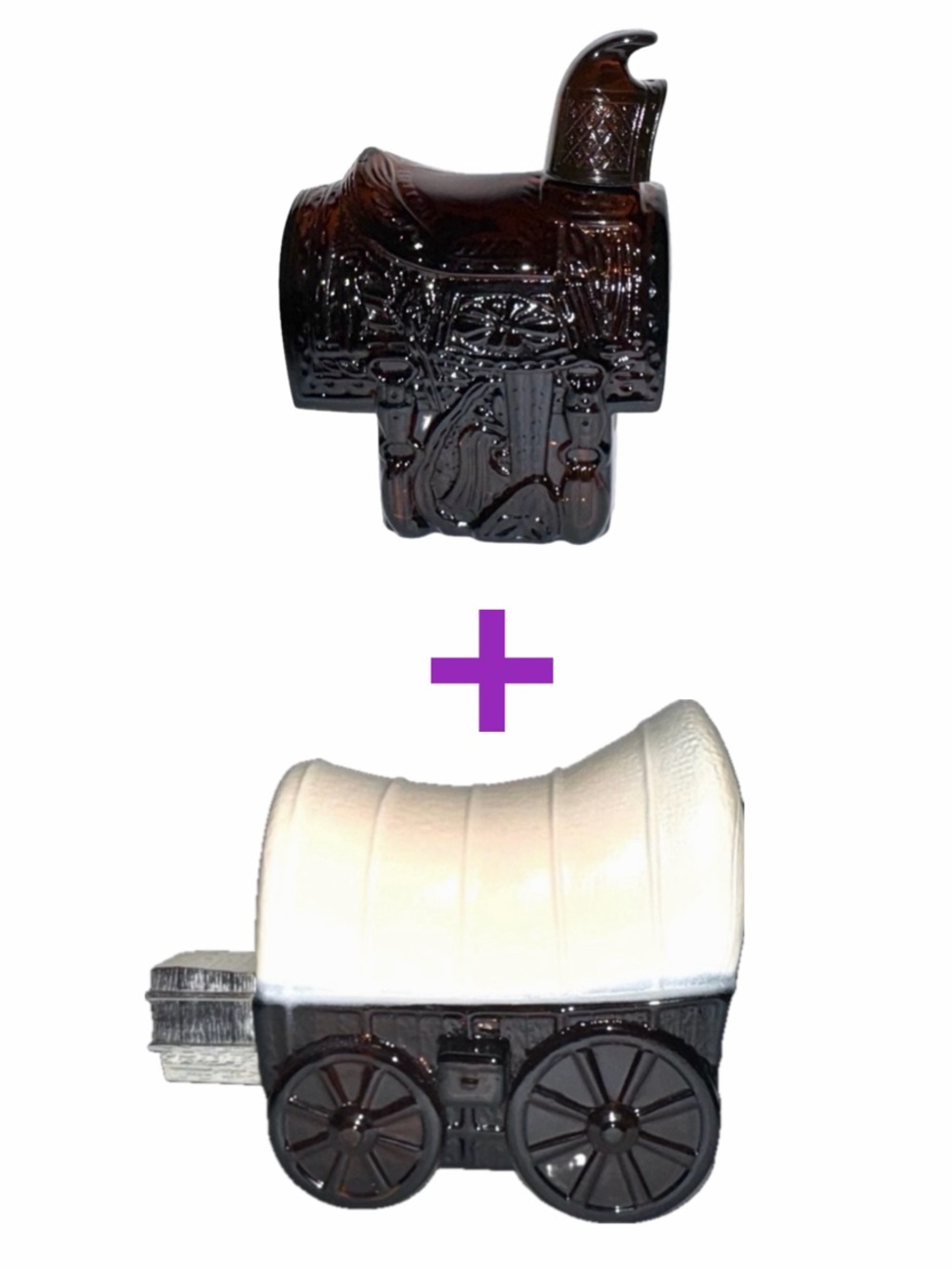 Two Vintage Avon Aftershave Decanters: 1) Western Saddle + 2) Covered Wagon